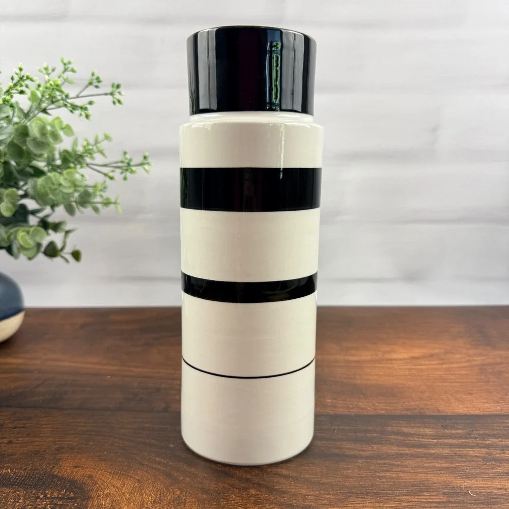 Raymor Mancioli Italy Ceramic Vase Black White Stripe Mid Century Modern